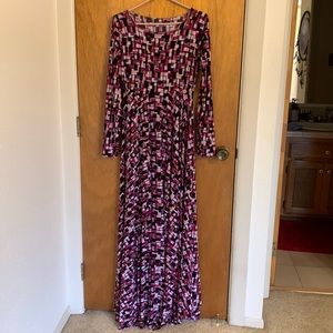 Very long multicolored, long sleeve maxi dress. Llots of material in the skirt